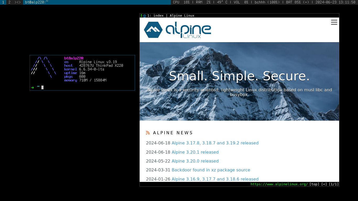 Screenshot of dwm running on Alpine Linux